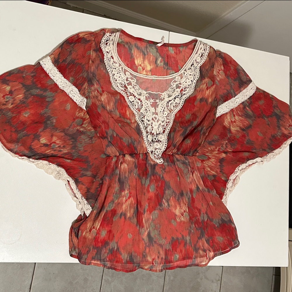 Free People Red and Cream Lace Blouse